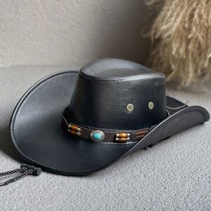 Women’s Black Cowboy Western Bucket Rodeo Faux-Leather Hat with leather blue sto